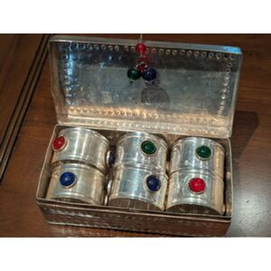 Vintage Silver Plated Napkin Rings with Glass Stones Sets of Six in Case